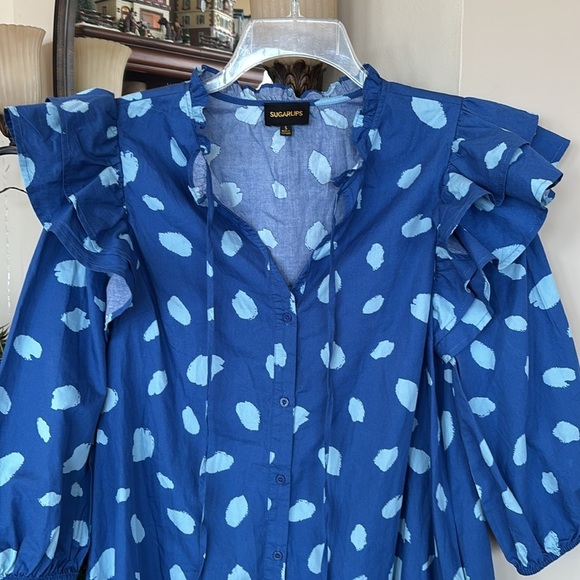 NWOT Sugarlips Odessa Dot Sammy Ruffle Drop Waist Dress Balloon Sleeves Cotton - Picture 4 of 16